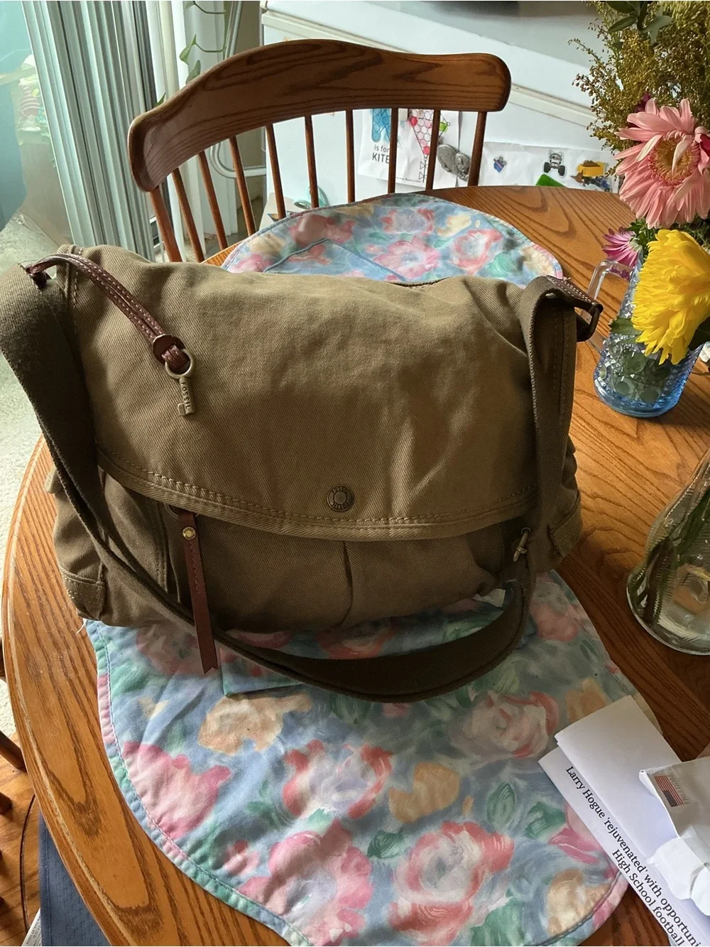 Fossil Olive Brown Canvas Messenger Bag with Leather Trim